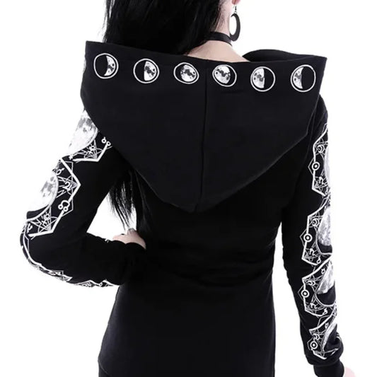 Pop Black Punk Peng Hooded Moon-printed Long-sleeved Sweater