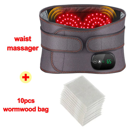 Gray waist massager with red LED lights and 10 white wormwood bags on a white background