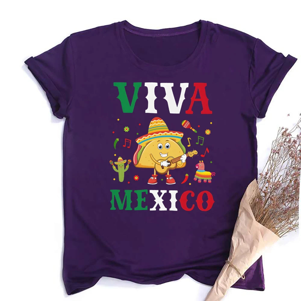 Viva Mexico Print Crew Neck T-shirt Summer Short Sleeve Casual Top Women's Mexican Flag Pattern T-shirt Clothes