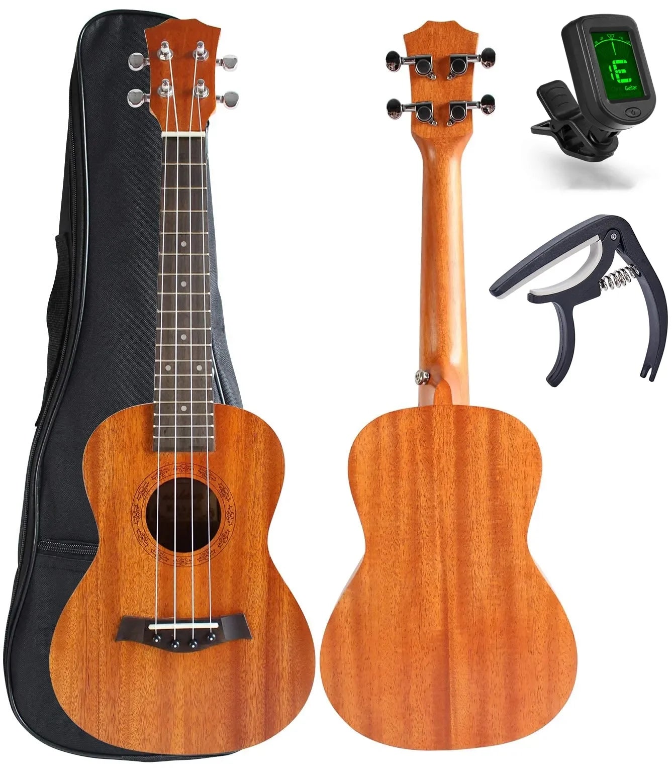 Solid Mahogany 21 Inch Ukelele Beginner Set Kit with Gig Bag Digital Tuner Capo