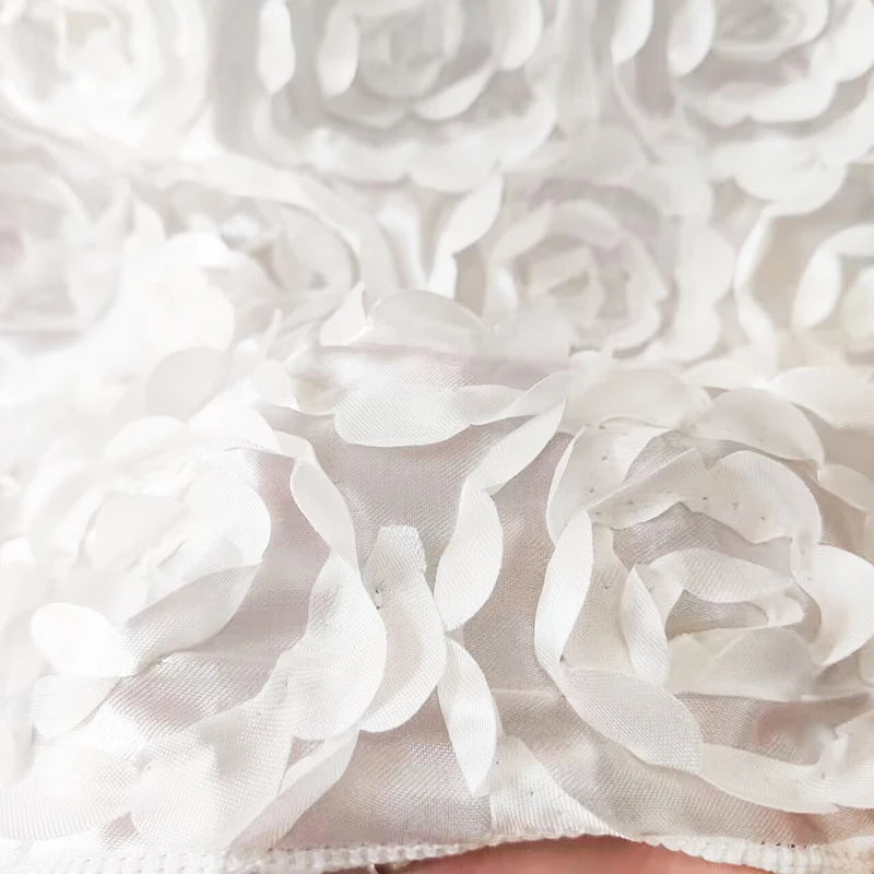 120x180CM White Seamless Grandiose 3D Rosette Satin Rectangle Tablecloth