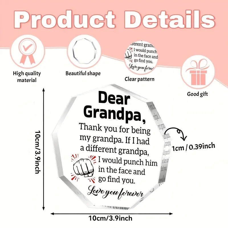 Acrylic Grandpa Appreciation Plaque - Unique Octagon Shape, Sentimental Grandfather Gift for Birthday, Thanksgiving, Christmas,