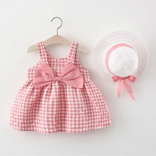 2Pcs/Set Baby Girl Plaid Sweet Bow Summer Birthday Party Dress + Hat toddler Kids Outfits 0 To 3 Years