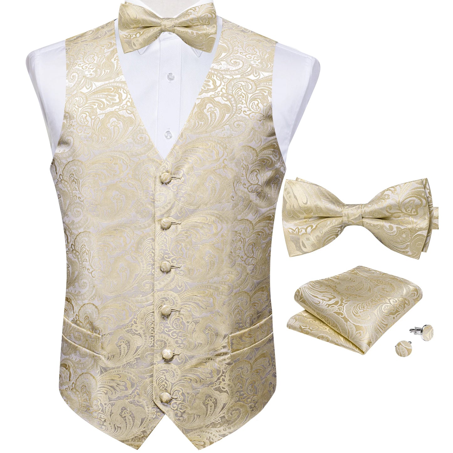 Suit Vest With Bow Tie Pocket Square Cufflinks Tuxedo Waistcoat for Men