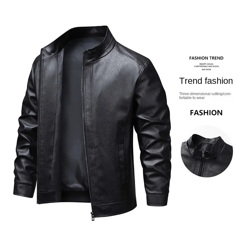 Men’s Leather‑Style Stand‑Collar Jacket – Windproof Casual