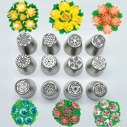Set of metal cake decorating tips with floral designs on a white background