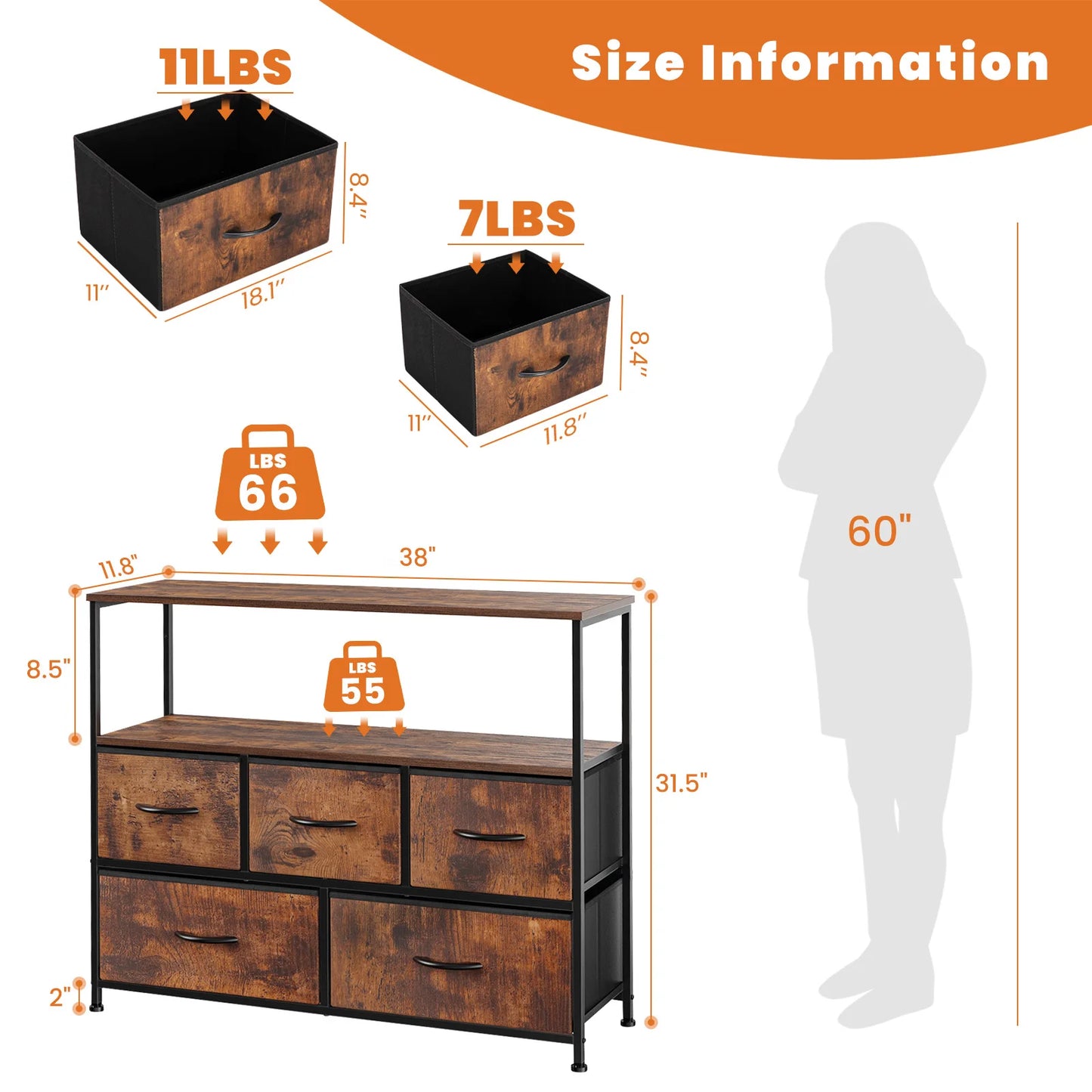 JHK Shoe Cabinet Dresser With 5 Fabric Drawers  Space Saving Cabinet  Home Furniture