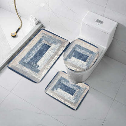 A blue abstract pattern three piece set can be purchased individually or set together for bathroom carpets