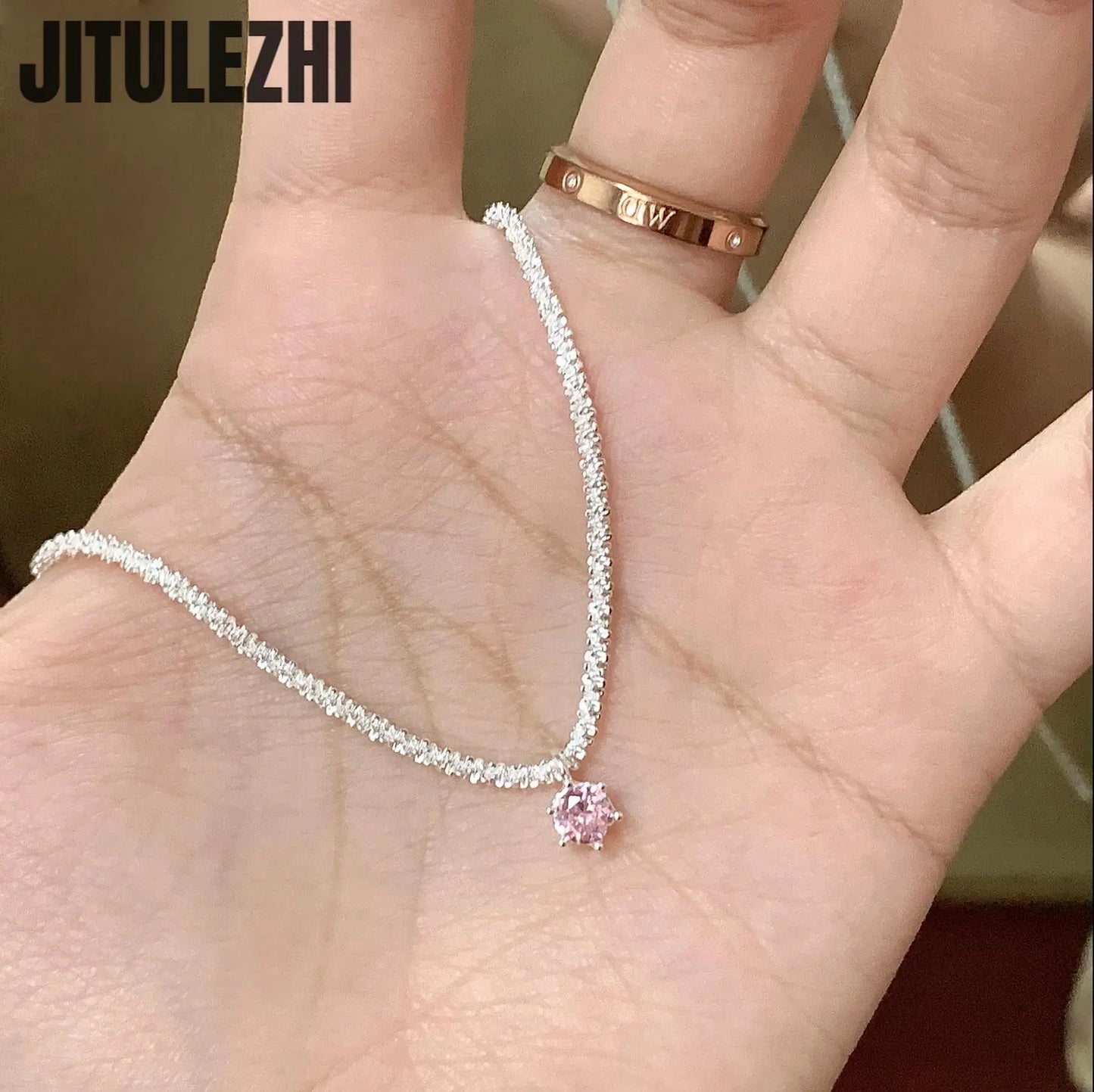 Trendy 925 Sterling Silver Pendant Necklace For Women Single Pendant Inlaid Pink Stone Engagement Wedding Party Silver Jewelry