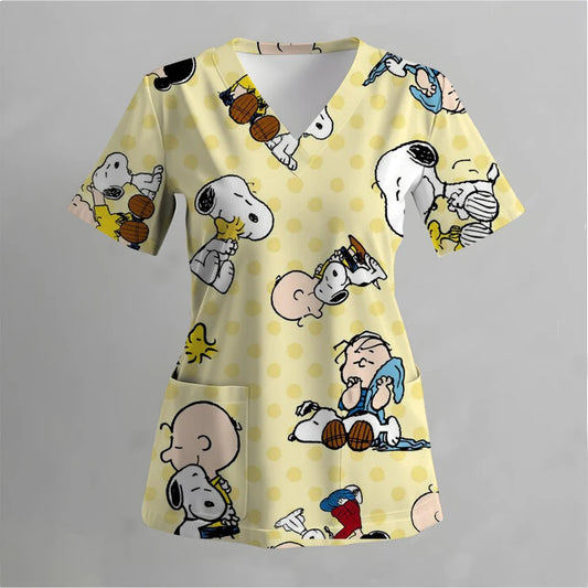 women's frosted short-sleeved V-neck Snoopy print nurse uniform