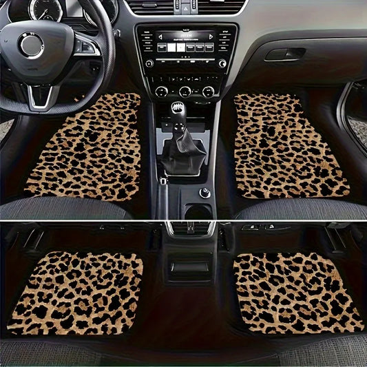 Leopard Print Car Floor Mats: Universal Fit, 4-Piece Set, Absorbent Polyester Fiber, Non-Slip, Washable, Suitable for Cars & SUVs