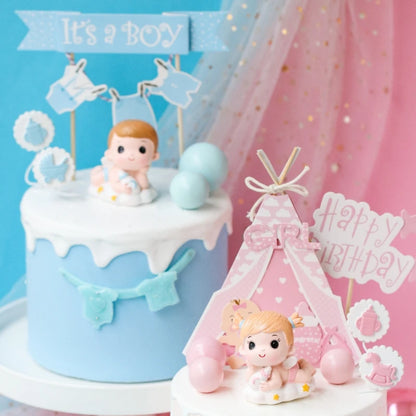 Gender Reveal Cake Decoration Blue Pink Baby Boy Girl Cake Toppers Baby Bottle Stroller Happy Birthday Cupcake Topper Baking