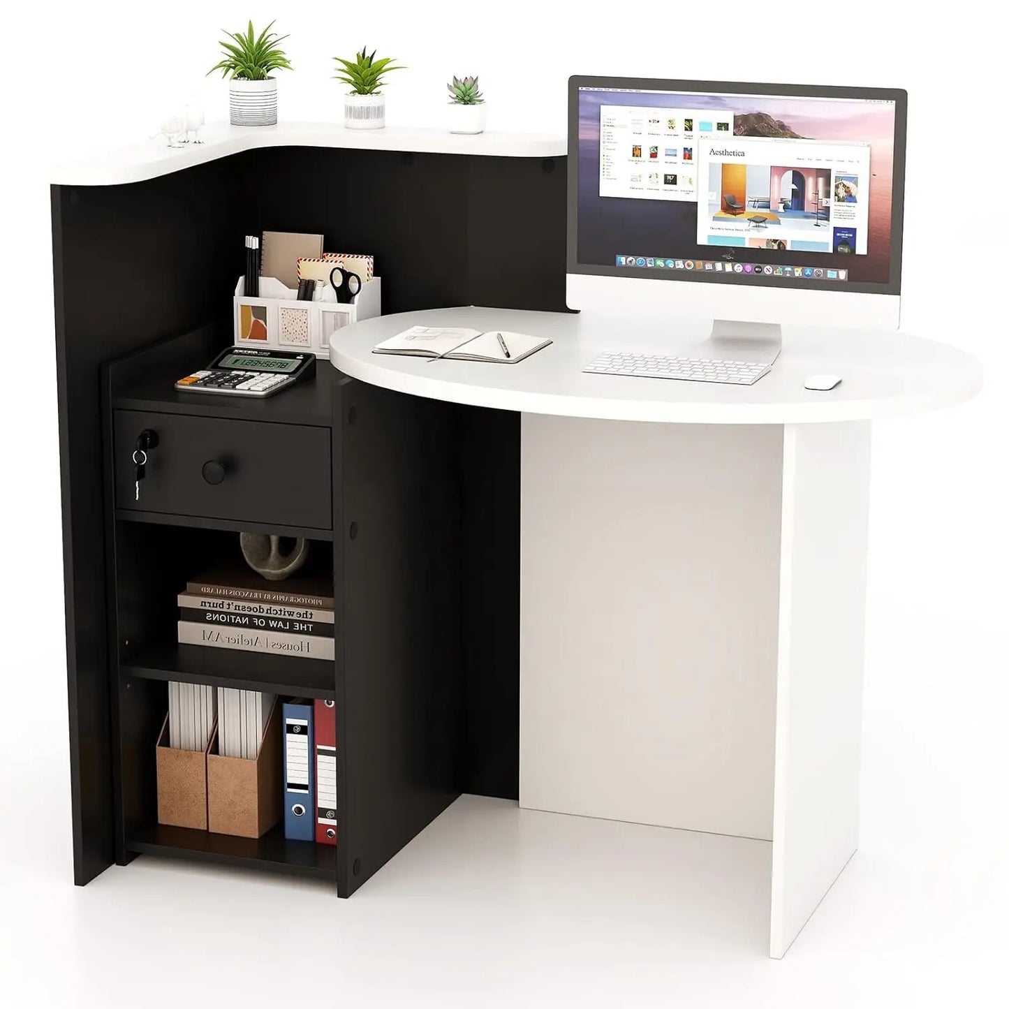 Reception Desk, Small Retail Checkout Counter with Lockable Drawer and Open Shelves, Wooden Computer Workstation, Customized