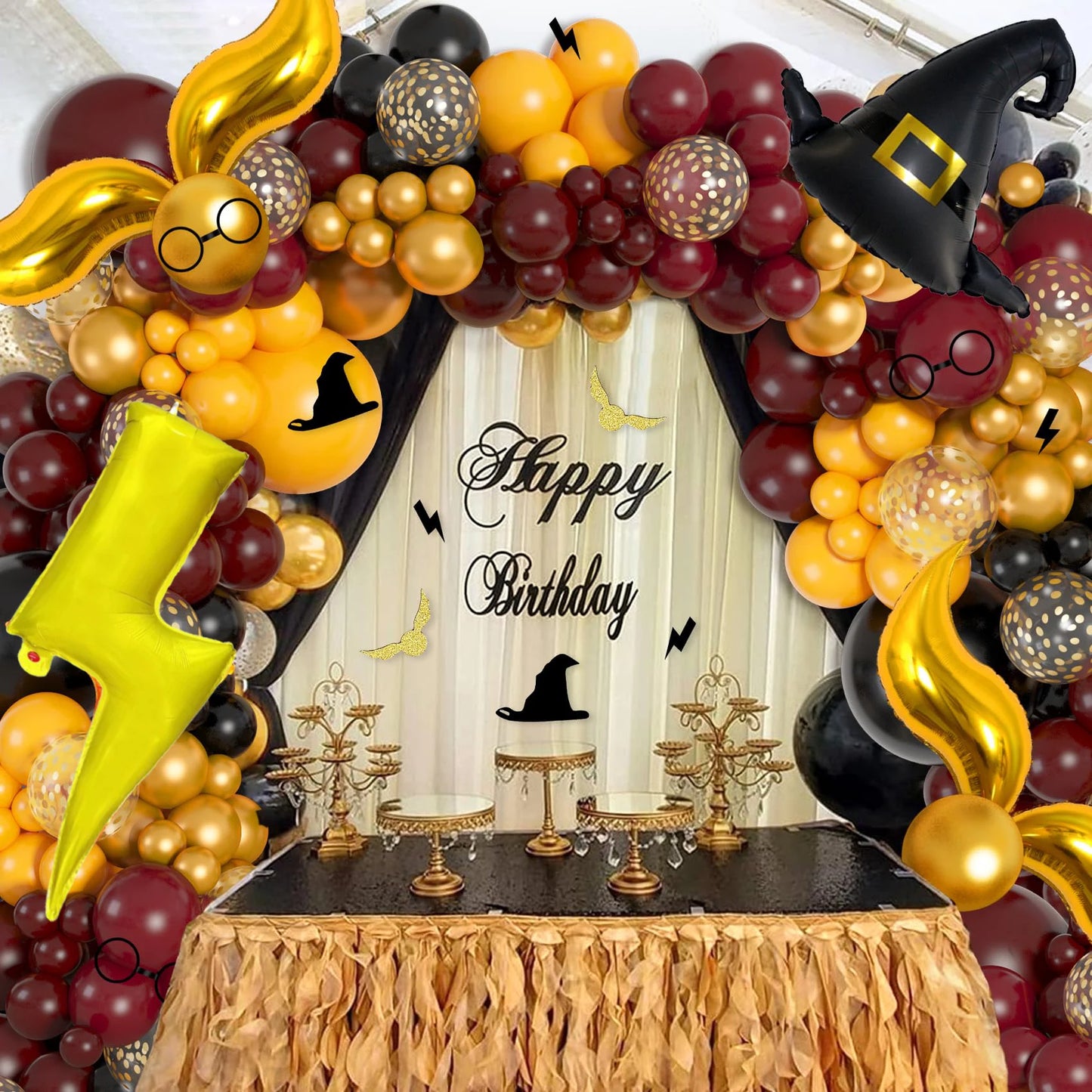 Magical Wizard School Balloons Garland Arch Kit Burgundy Black Gold Snitch Wizard Hat for Halloween Magic Themed Birthday Party