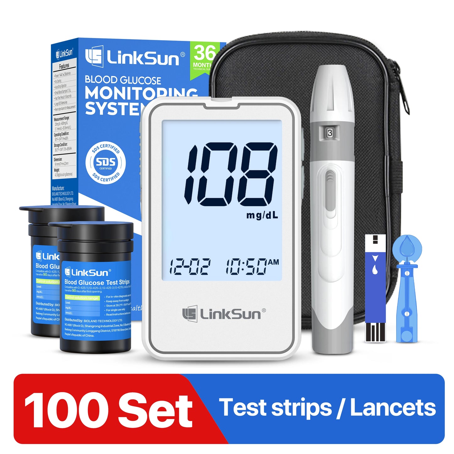 Bioland G‑425‑2 Blood Glucose Meter – Fast 5‑Second Results with 50 Test Strips, Diabetes Testing Kit