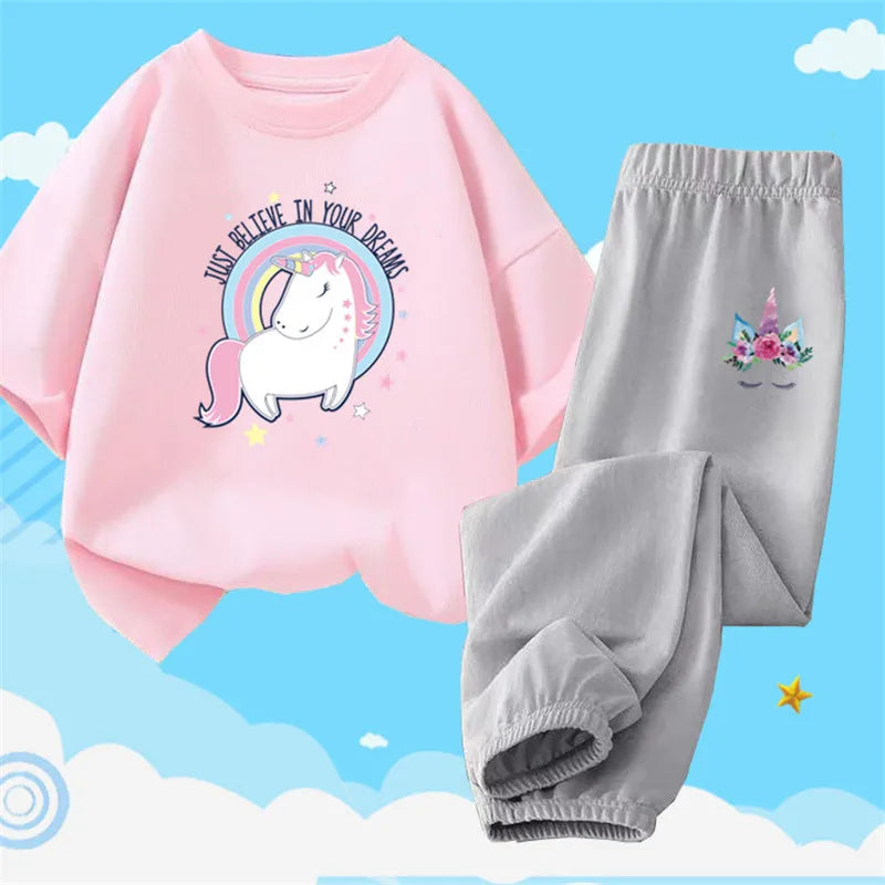 Teens Girls' 2-Piece Fashion Outfit: Princess Short Sleeve T-Shirt and Long Pants Tracksuit Set