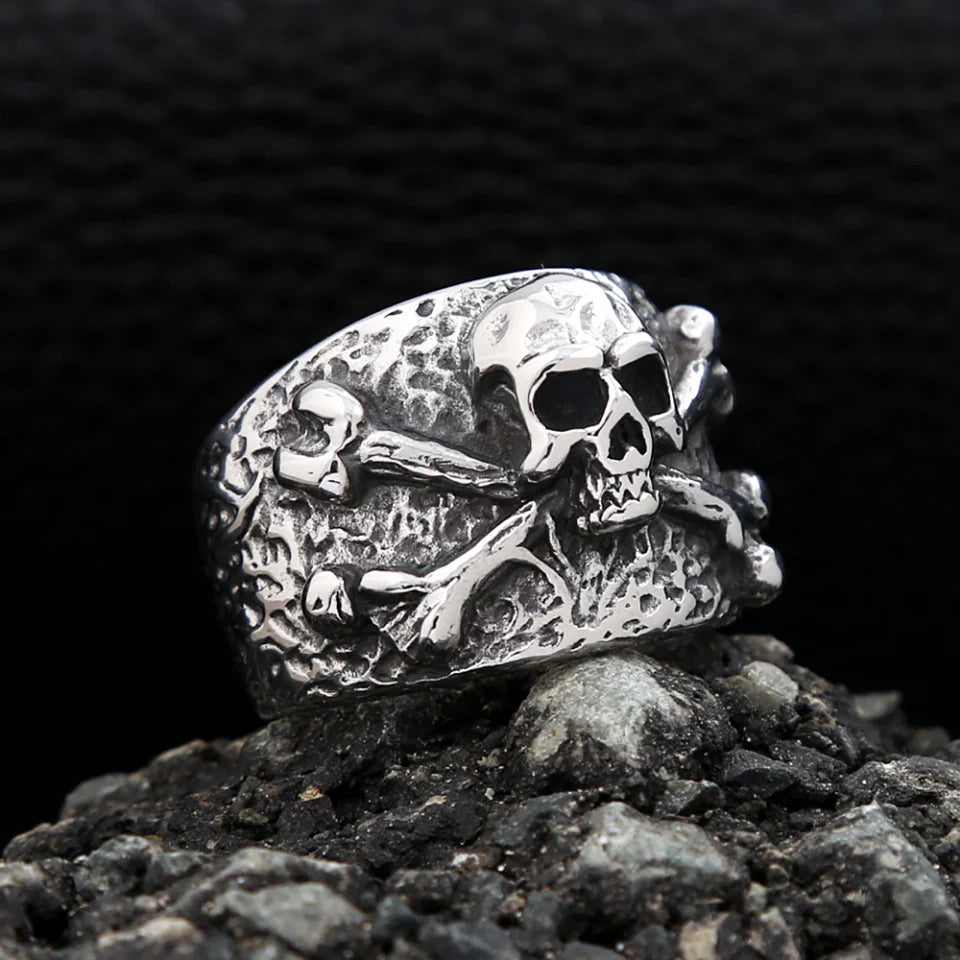 Punk Vintage Stainless Steel Crossbones Pirate Skull Ring For Men Boys Biker Hip Hop High Quality Fashion Jewelry Gift Wholesale