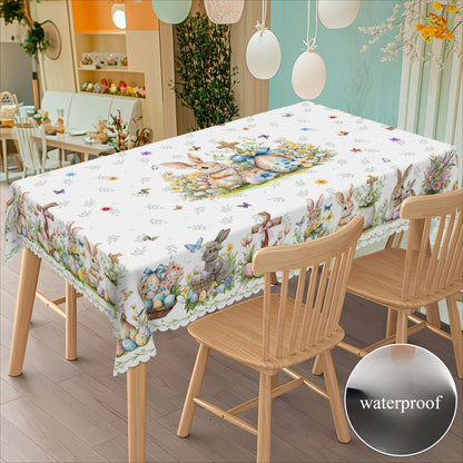 Easter Bunny Egg Floral Rectangle Waterproof Tablecloth Holiday Party Decor Reusable Kitchen Dining Tablecloth Easter Decoration