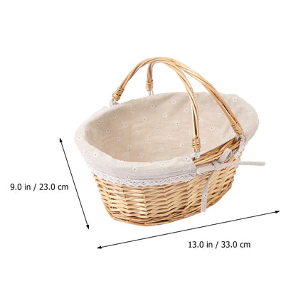 Woven Rattan White Woven Basket: Flower Basket Gift Basket with Handle and Cloth Liner Fruits Vegetables Bread Sundries Storage