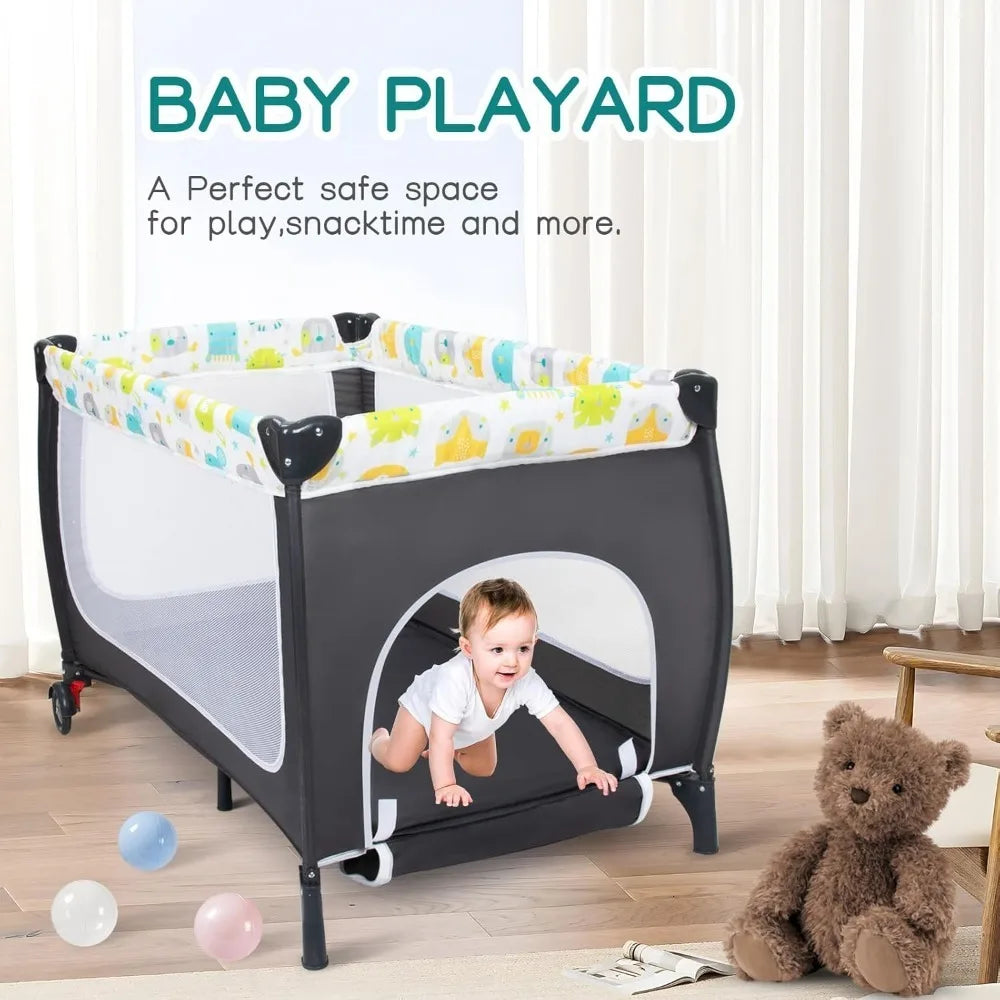 Foldable Baby Playpen Portable Crib with Adjustable Canopy Music Box and Changing Table for Newborn Infant Toddler Travel