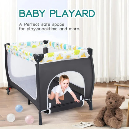 Foldable Baby Playpen Portable Crib with Adjustable Canopy Music Box and Changing Table for Newborn Infant Toddler Travel