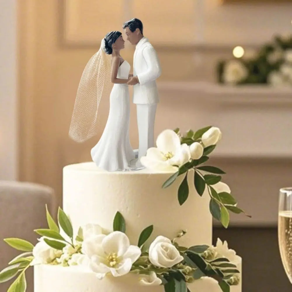 Anniversary & Wedding Couple Cake Topper – Elegant White/Black PVC Bride & Groom Figurines