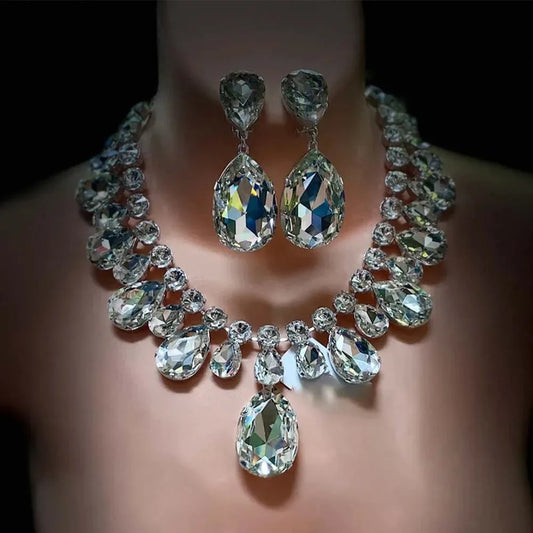 Stonefans Bling Teardrop Necklace Earrings Set Piercing for Women Party Fashion Ornament Dubai Rhinestone Jewelry Set Aesthetic