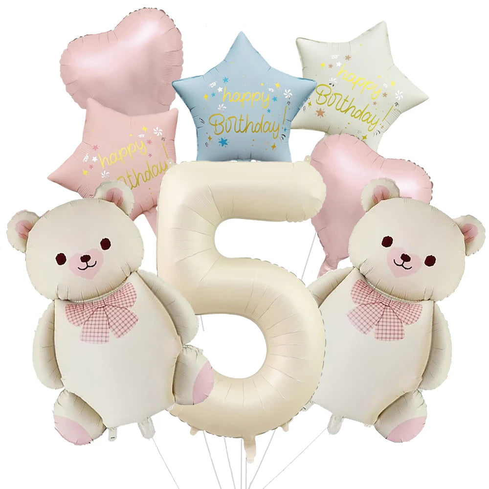Cute Teddy Bear Party Birthday Number Balloons Large Retro Brown Bear Foil Balloon Set 8 pcs Baby Shower Birthday Party Decor