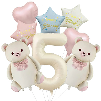 Cute Teddy Bear Party Birthday Number Balloons Large Retro Brown Bear Foil Balloon Set 8 pcs Baby Shower Birthday Party Decor