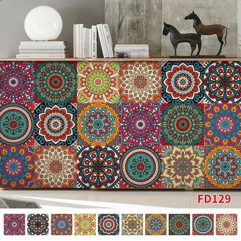 10pcs/set Mandala Style Crystal Hard Tiles Ceramics Wall Sticker Kitchen Wardrobe Decor Art Mural & Stick Wall Decals