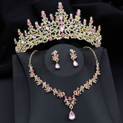 Luxury Silver Color Opal Water Drop Crown Bridal Rhinestone Tiaras and Necklace Earrings Jewelry Set