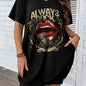Women's Summer Loose Abstract Face Print Round Neck Short Sleeve Pocket Comfortable Casual Plus Size Dress