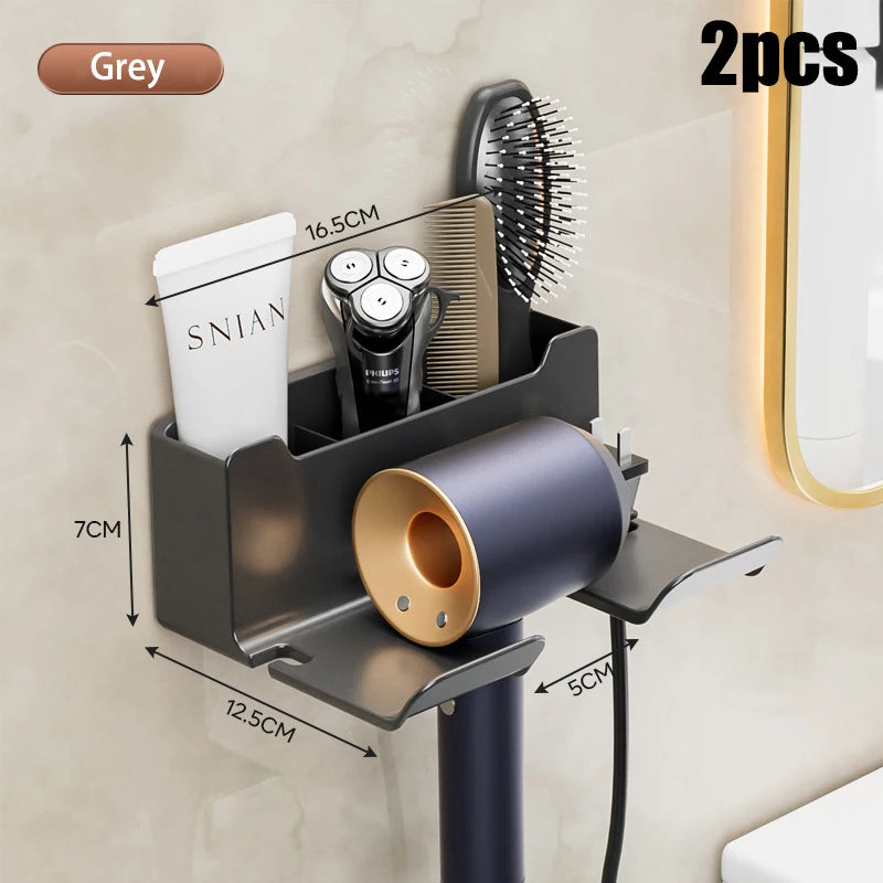 Wall mounted non perforated hair dryer storage rack