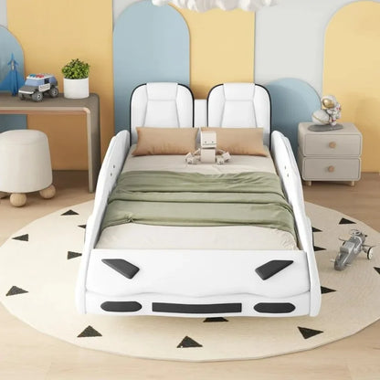 Twin Size Boys Car Bed,Race Car-Shaped Platform Wooden Bedframe  ,Slat Support,Toy Furniture for  Child's Bedroom,White