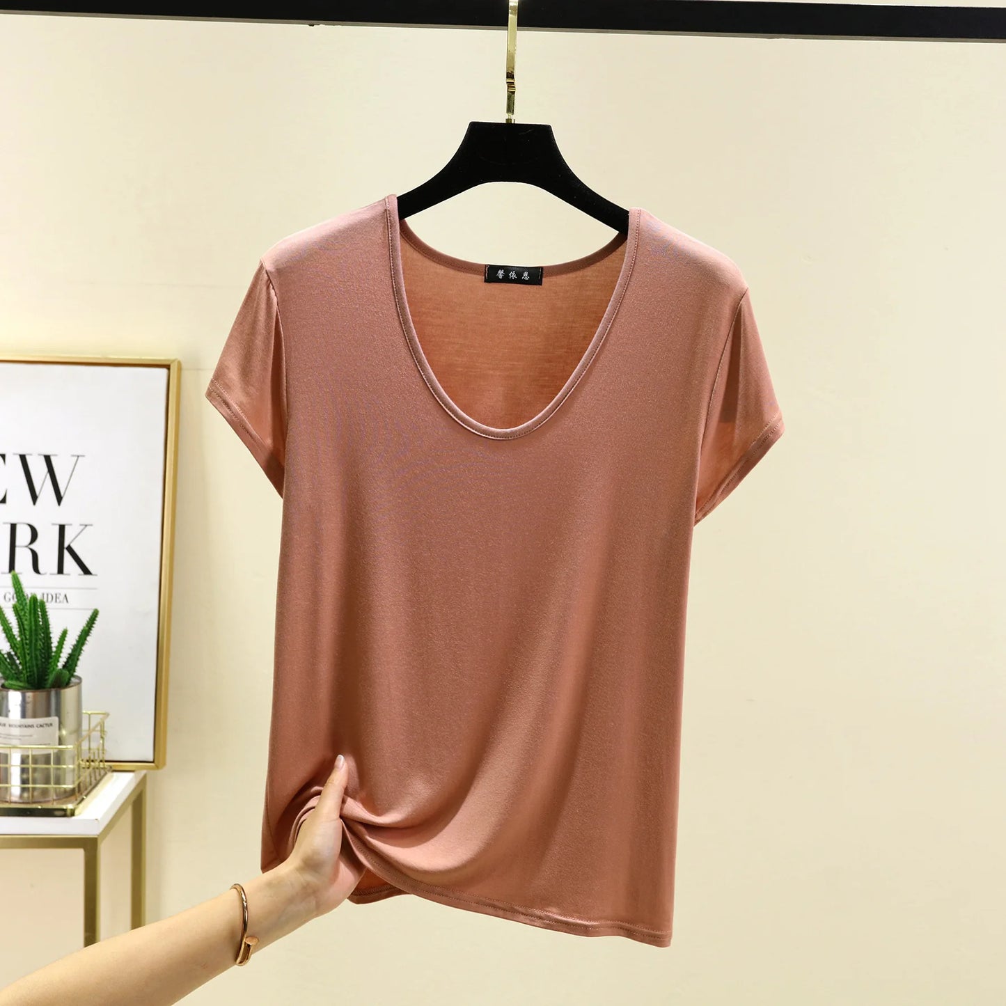 Women’s Plus Size U‑Neck Modal T‑Shirt (L–6XL) – Short Sleeve Solid Color Loose Tee