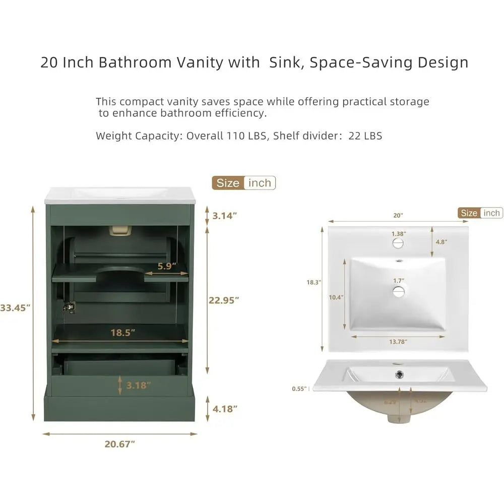 20 Inch Green Single Sink Vanity with Ceramic Sink and Storage Cabinet with Soft-Close Door and Adjustable U-Shaped Shelving
