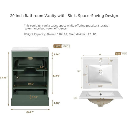 20 Inch Green Single Sink Vanity with Ceramic Sink and Storage Cabinet with Soft-Close Door and Adjustable U-Shaped Shelving