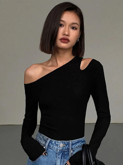 Womens Skew Collar Off-shoulder Long-sleeved Slim Fit Top