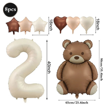 Cute Teddy Bear Party Birthday Number Balloons Large Retro Brown Bear Foil Balloon Set 8 pcs Baby Shower Birthday Party Decor