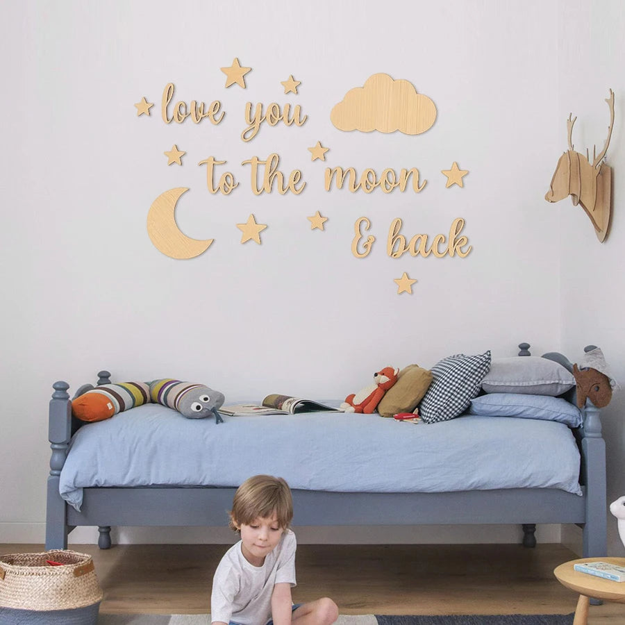 18-Piece Wooden Wall Stickers with the Phrase "Love You to the Moon," Children's Room Star and Moon Cloud Decoration Set, Nordic Style Wooden Star and Moon Letter Wall Decor, Cozy Love Message Soft Decoration for Baby Room, B