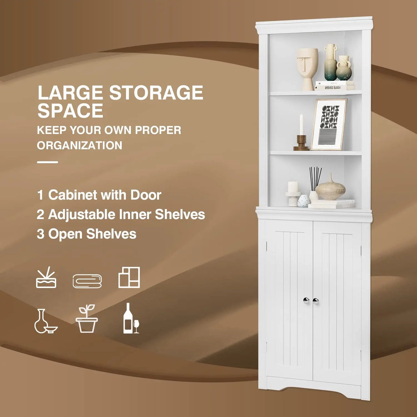 Corner Storage Cabinet 2 Door 3 Tier Shelves Freestanding Bathroom Living Room Bedroom Kitchen White, Customized