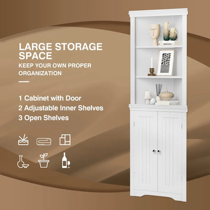 Corner Storage Cabinet 2 Door 3 Tier Shelves Freestanding Bathroom Living Room Bedroom Kitchen White, Customized