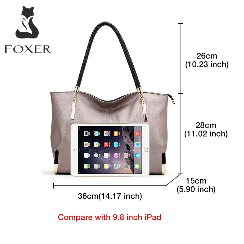 FOXER Brand Stylish Women Cowhide Leather Handbag Female Shoulder Bag Designer Luxury Lady Large Capacity Zipper Top-Handle Bags