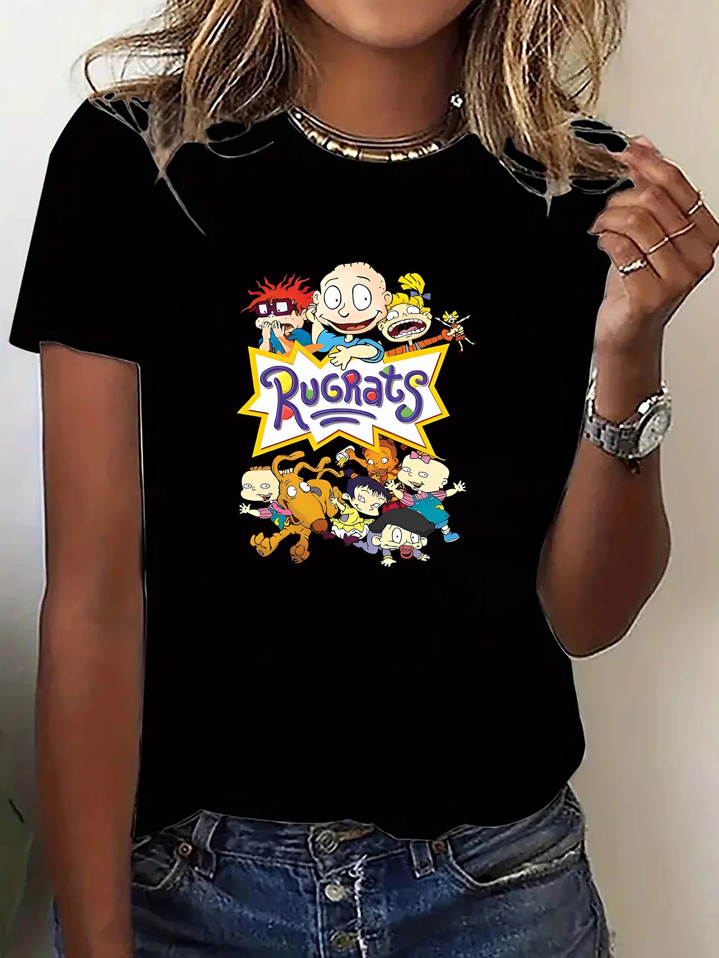 Casual Breathable Polyester-Spandex Women's Rugrats Cartoon Graphic Print T-Shirt Short Sleeve Crew Neck