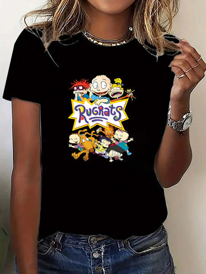 Casual Breathable Polyester-Spandex Women's Rugrats Cartoon Graphic Print T-Shirt Short Sleeve Crew Neck
