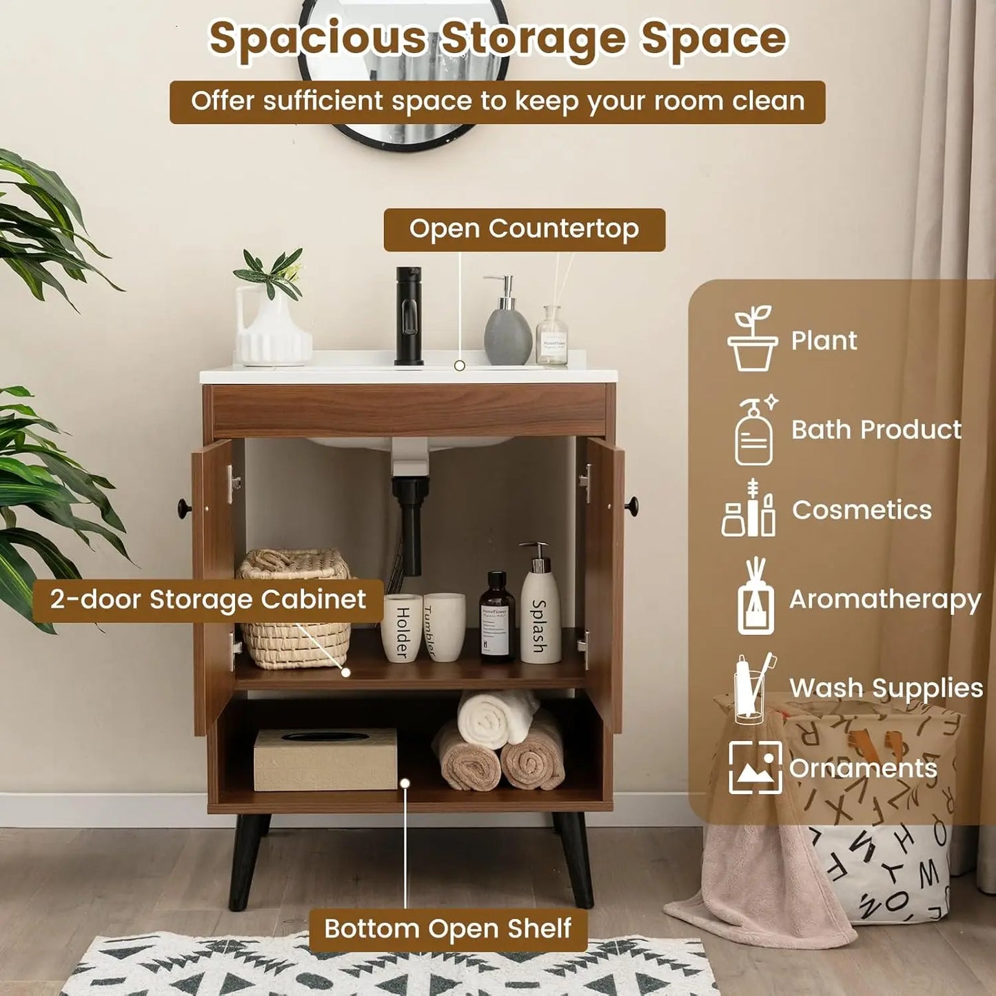 25” Bathroom Vanity with Sink Combo, Freestanding Sink Cabinet with Doors & Open Shelf, Pedestal Sink Storage Cabinet with