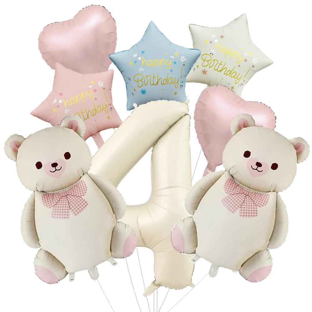 Cute Teddy Bear Party Birthday Number Balloons Large Retro Brown Bear Foil Balloon Set 8 pcs Baby Shower Birthday Party Decor