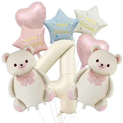 Cute Teddy Bear Party Birthday Number Balloons Large Retro Brown Bear Foil Balloon Set 8 pcs Baby Shower Birthday Party Decor
