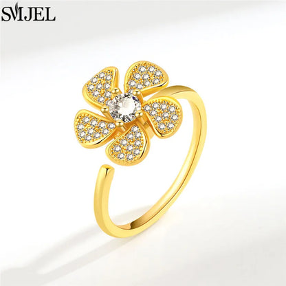 Korean Fashion Daisy Spinner Fidget Ring Multiple Style Sunflower Rose Snowflake Rotate Freely Anti Stress Anxiety Rings Wedding