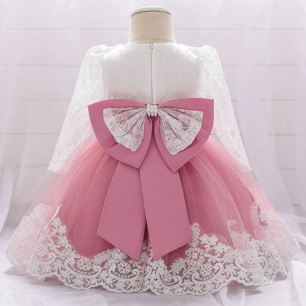 Long Sleeve Baby Girls Dress Newborn White Baptism Tulle Party Wedding 1st Birthday Princess Dresses Infant Girls Bow Prom Gown